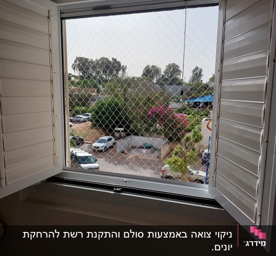 רשת מתכת על חלון פתוח למניעת כניסת יונים